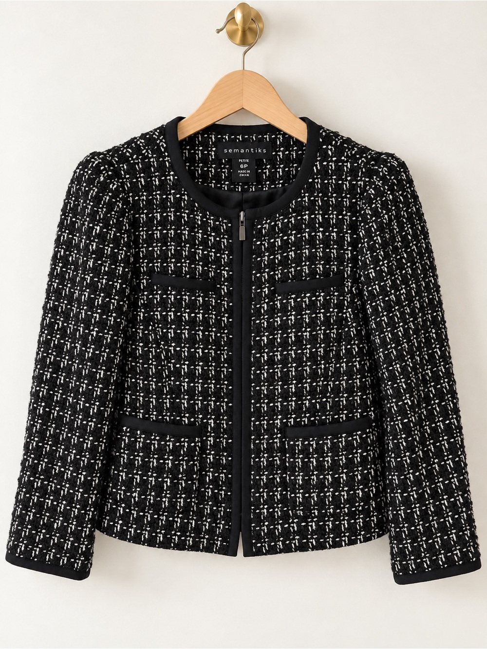 Semantiks Petite Women's Black & White Plaid Wool Blend Zip Jacket Size 6P